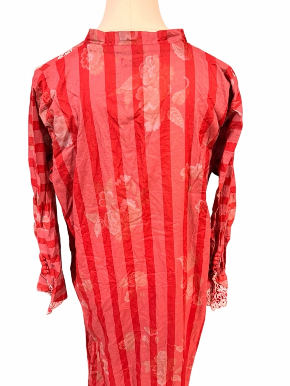 Baroque Embroidered Striped Cotton Kurta Tunic Dress Red White Size Large Boho - Picture 4 of 13